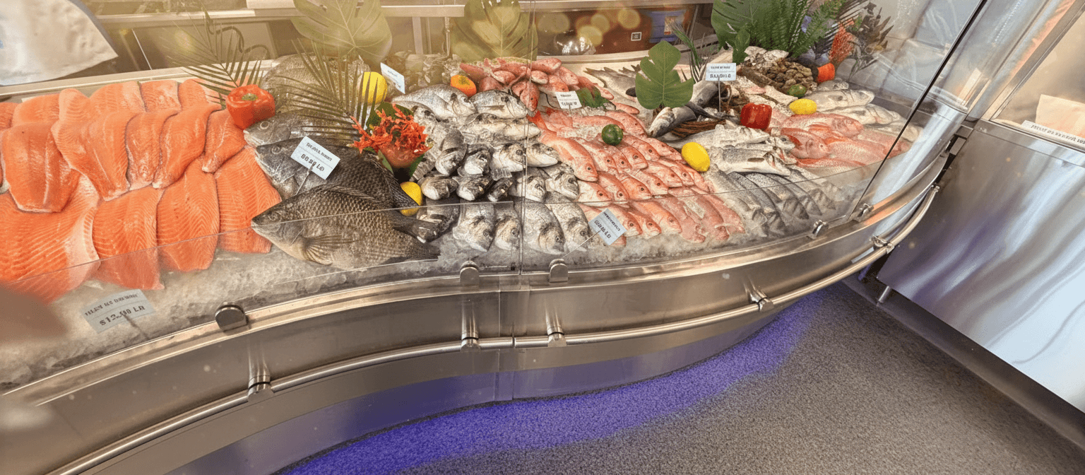 Fresh seafood market counter